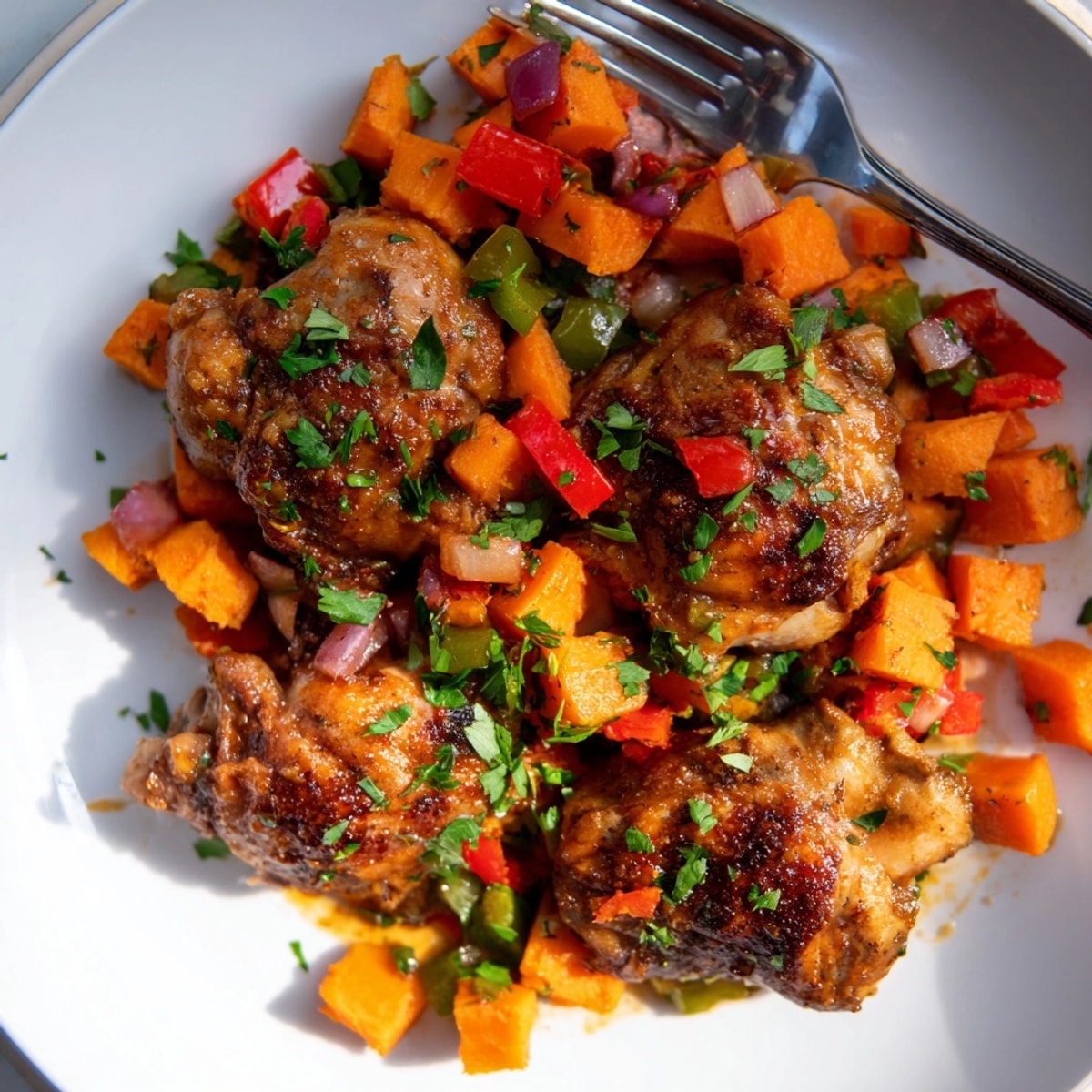 Golden Maple Bourbon Chicken & Sweet Potato Hash: Glazed thighs over colorful hash.