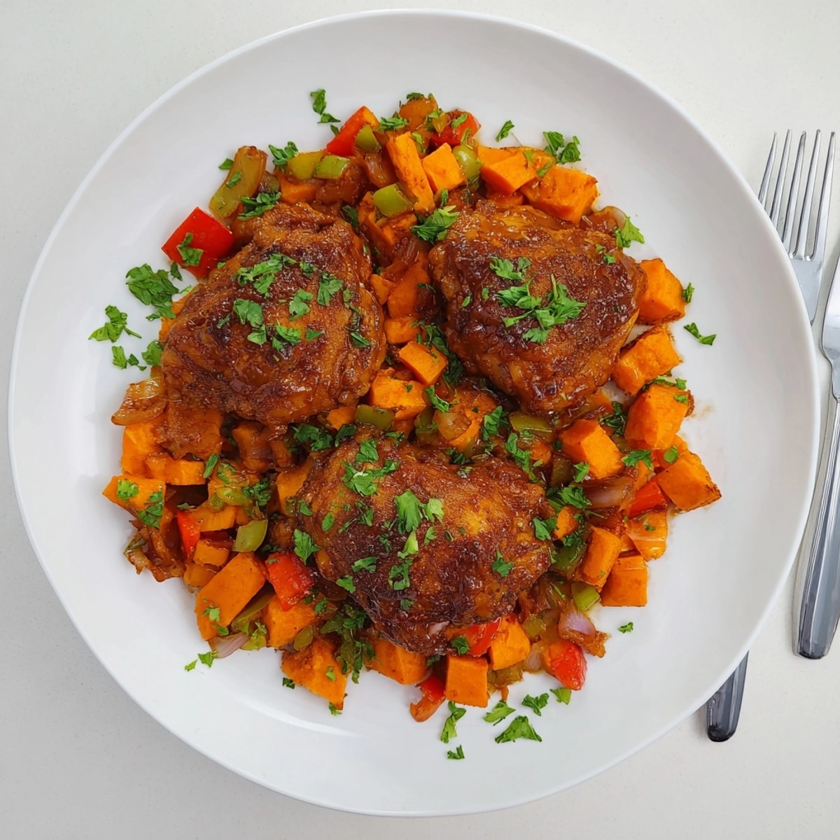 Sizzling Maple Bourbon Chicken & Sweet Potato Hash, a sweetly savory American main.