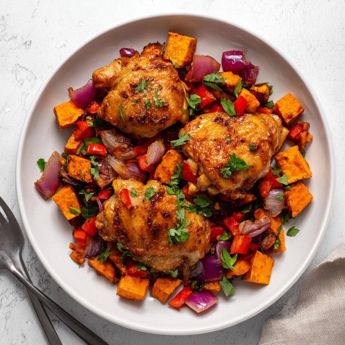 Close-up: Glazed Maple Bourbon Chicken with caramelized sweet potato and pepper hash.