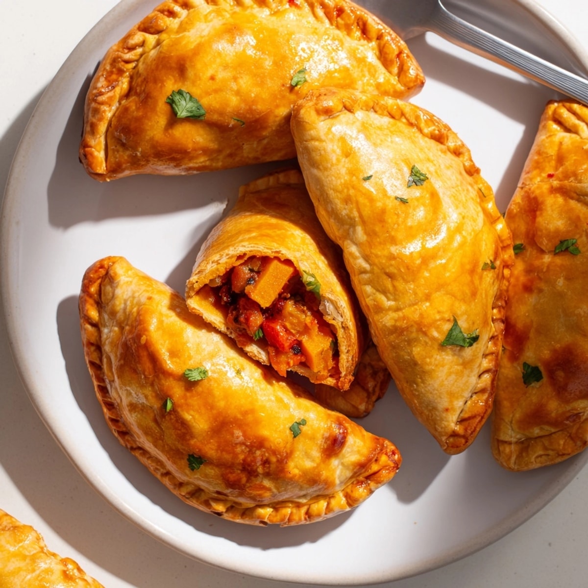 Close-up of golden, flaky spiced pumpkin & chorizo empanadas fresh from the oven.