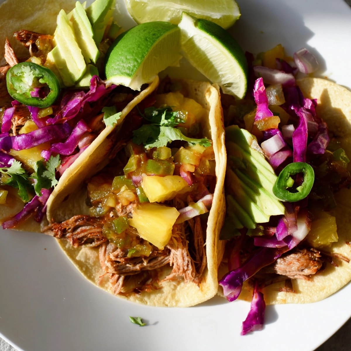 Overhead view of bright Sweet & Spicy Pineapple Pork Tacos, ready to be eaten.