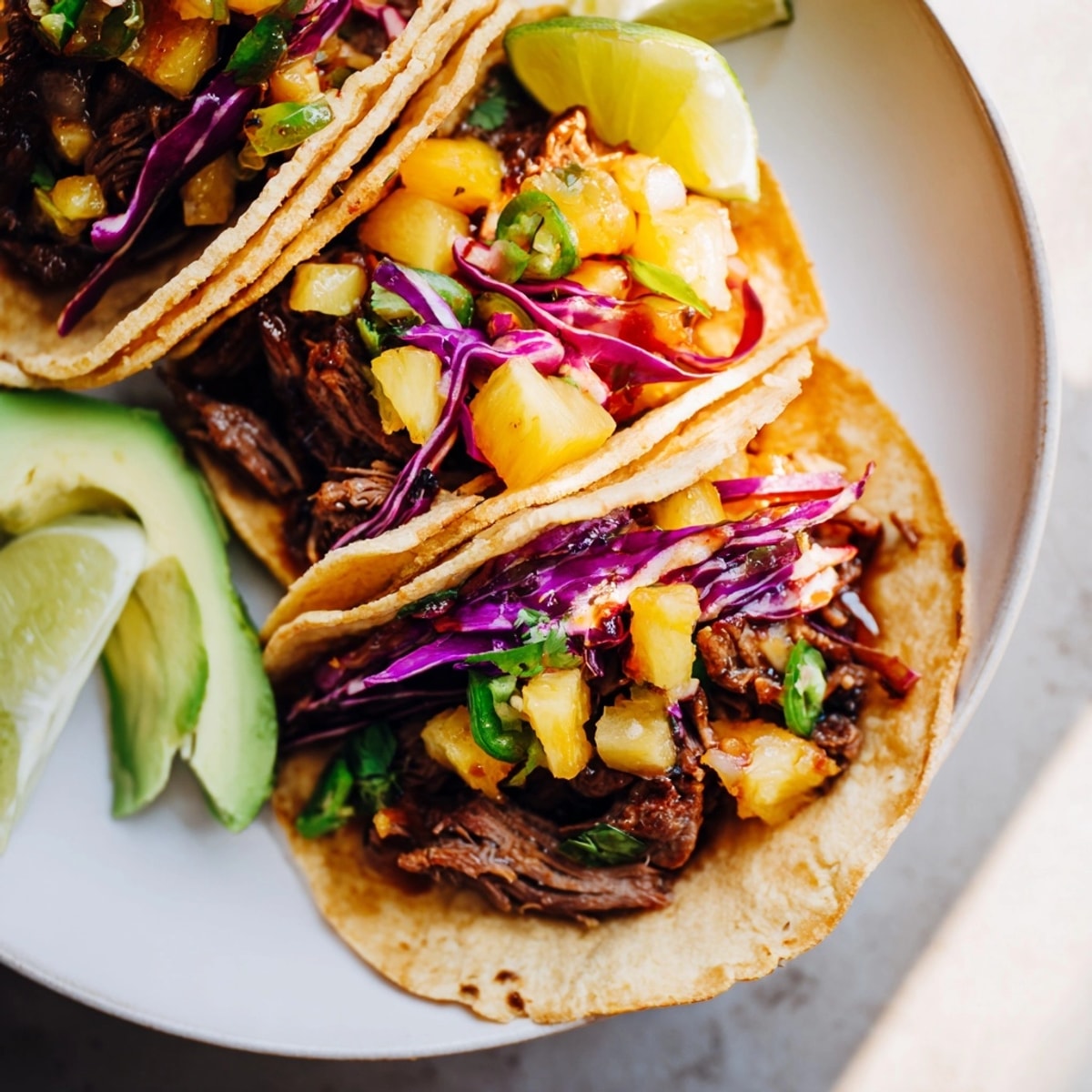 Golden pork and tangy pineapple salsa fill tortillas: Delicious Sweet &amp; Spicy Pork Tacos.