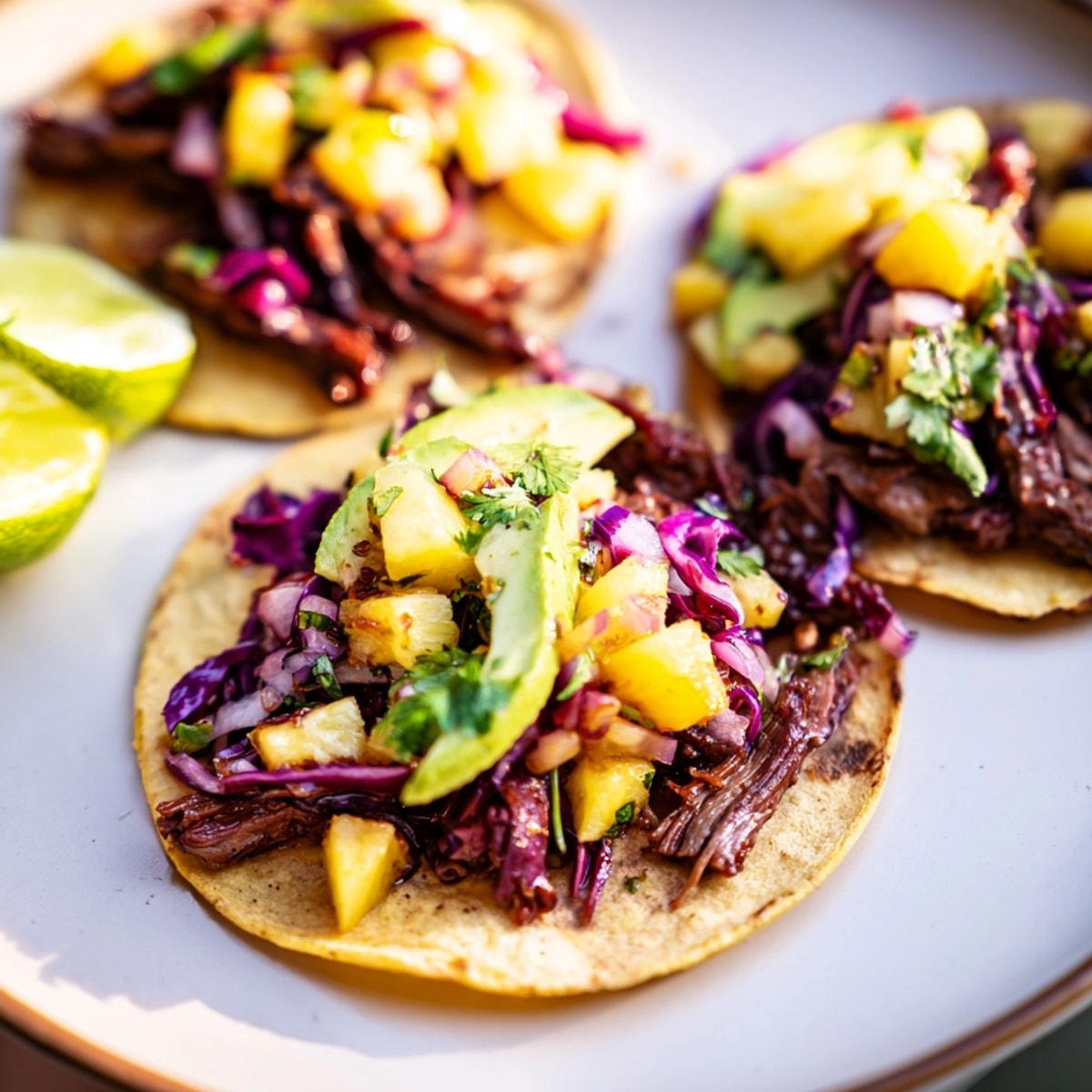 Close-up of vibrant Sweet &amp; Spicy Pineapple Pork Tacos showcasing juicy pork and colorful toppings.