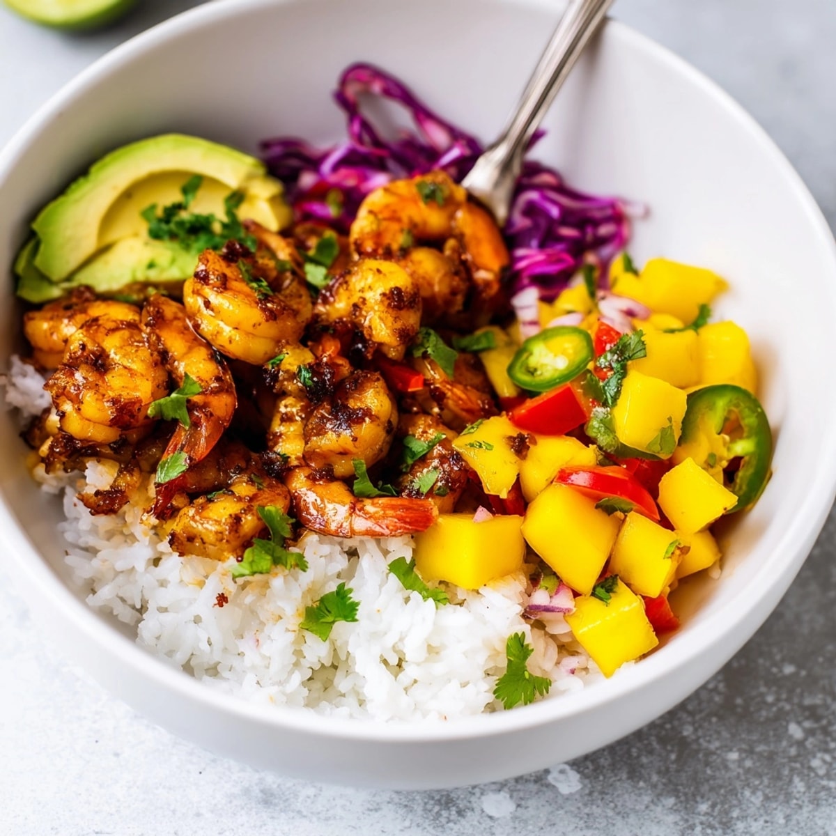 Vibrant Cilantro Lime Shrimp & Mango Salsa Bowls: a colorful taste of the tropics.
