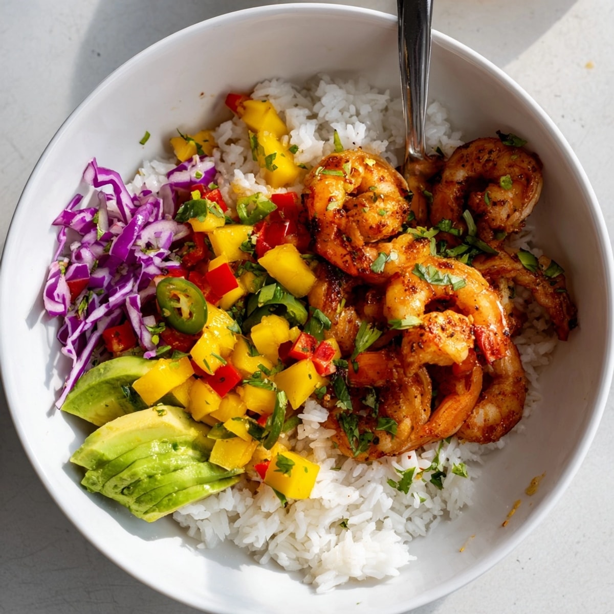 Delicious Cilantro Lime Shrimp & Mango Salsa Bowls, bursting with fresh savory-sweet flavor.