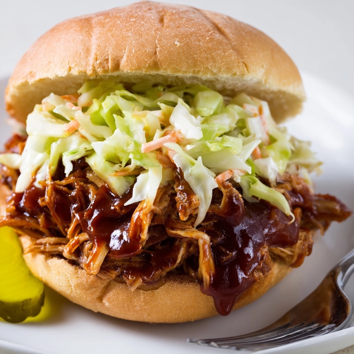 Close-up of a juicy BBQ Jackfruit Pulled Pork Sandwich with crunchy coleslaw.