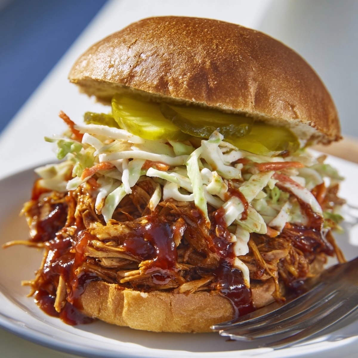 Vegan BBQ Jackfruit Pulled Pork Sandwiches on toasted buns, dripping with tangy sauce.
