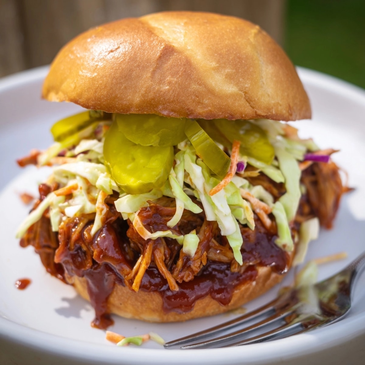 Pile of smoky BBQ Jackfruit Pulled Pork, ready for sandwiches with fresh coleslaw.