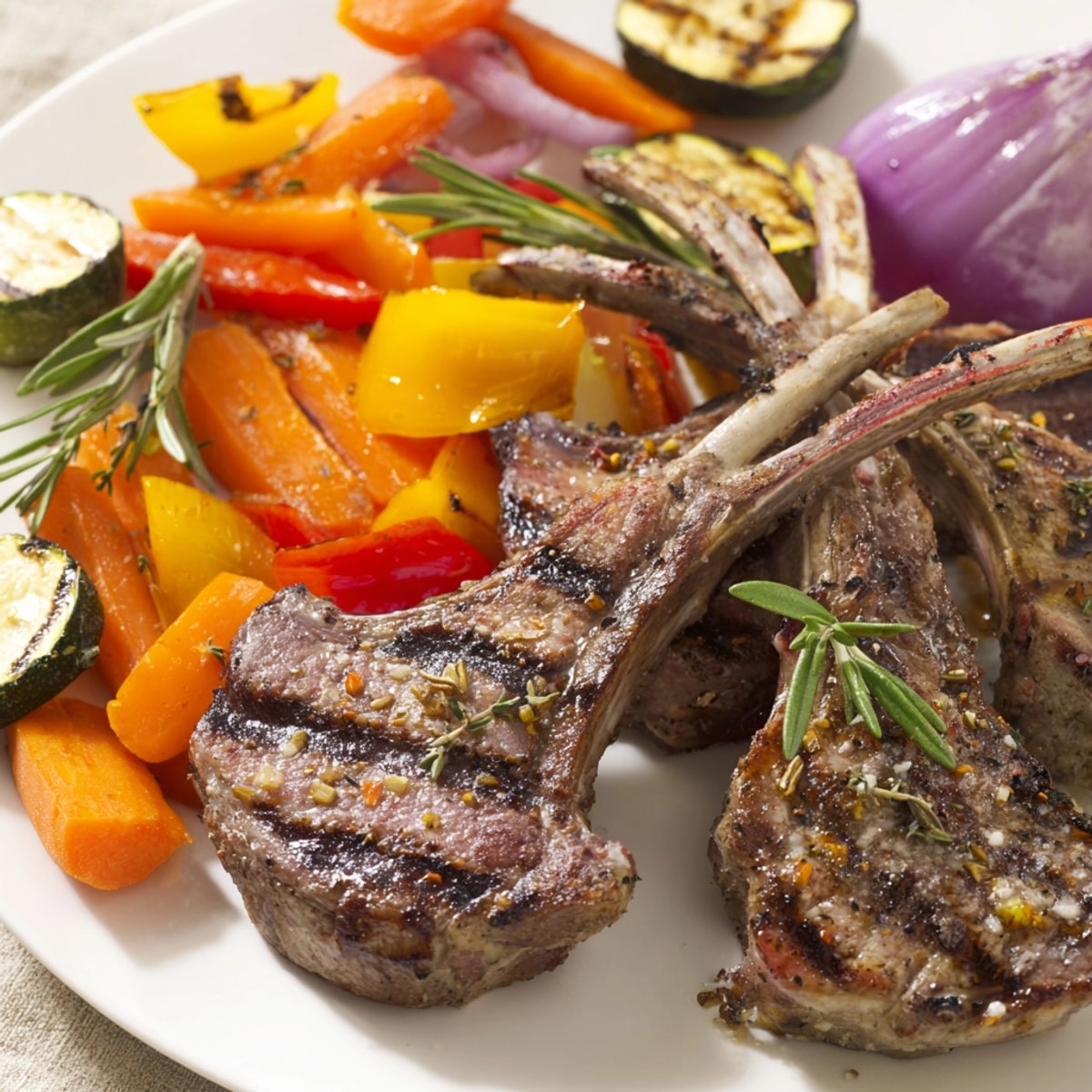 Sizzling Lemon Herb Lamb Chops with Roasted Veg, a vibrant, flavorful Mediterranean dinner.