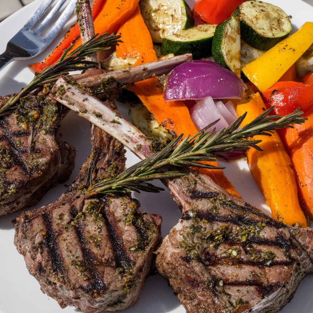 Golden Lemon Herb Lamb Chops and bright roasted vegetables, ready to be served warm.