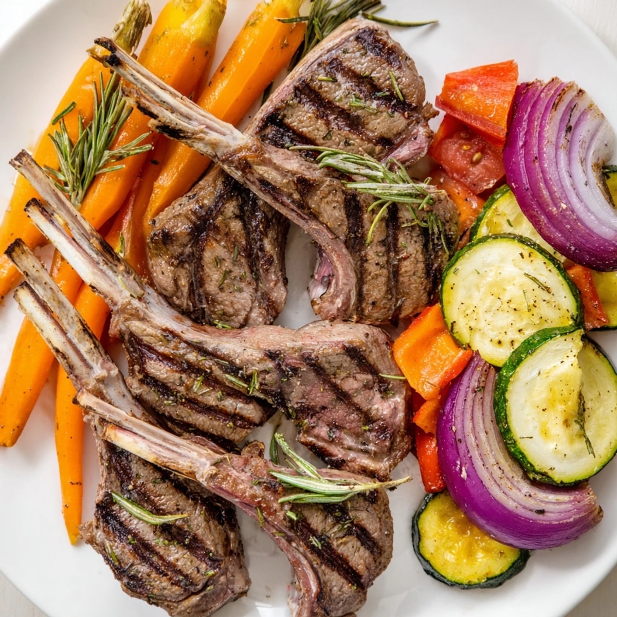 Juicy Lemon Herb Lamb Chops amidst colorful, tender roasted garden vegetables, a delicious pairing.