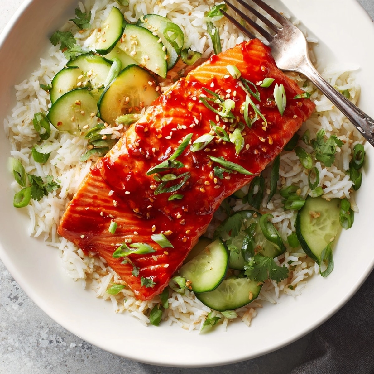 Close-up of glistening Sriracha Glazed Salmon, baked golden brown, atop fluffy cucumber rice.