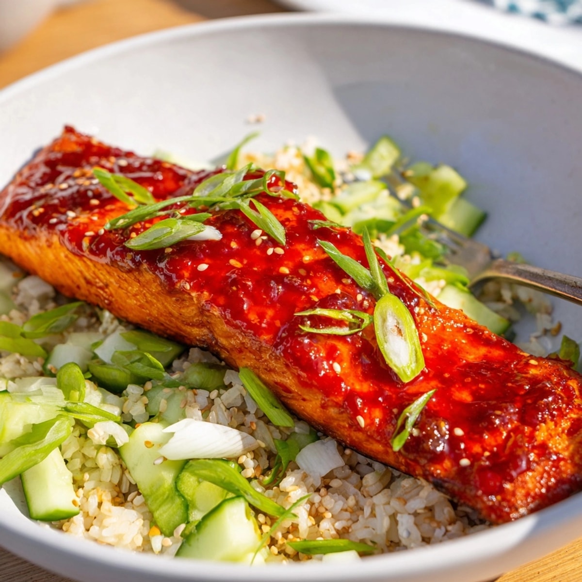 A plate of freshly baked Sriracha Glazed Salmon accompanied by cool, herbaceous cucumber rice.