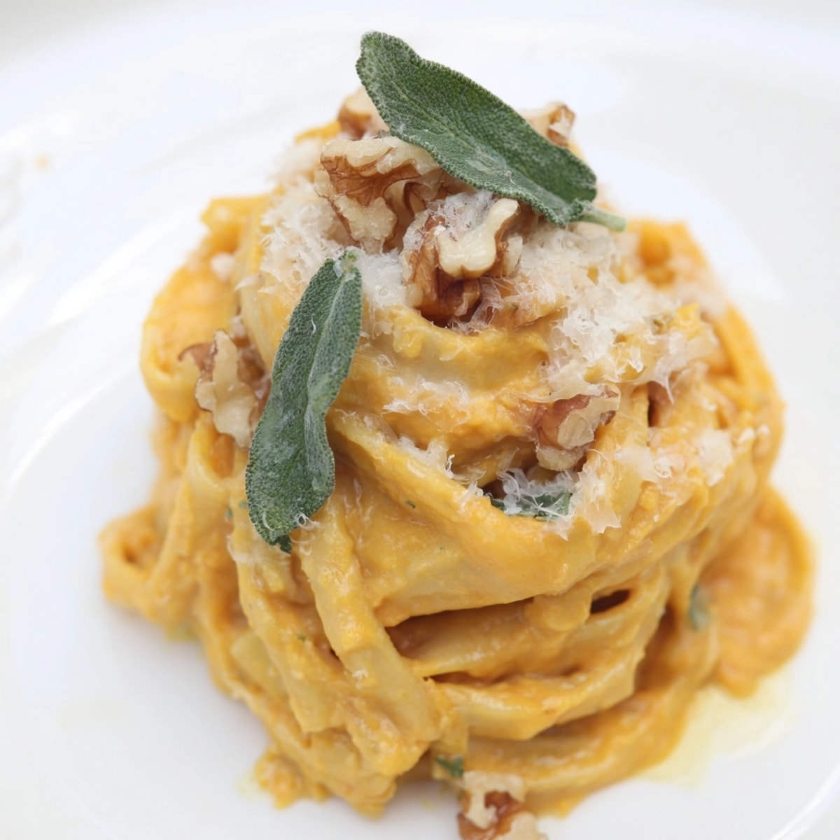 Close-up of creamy Pumpkin Pasta with Sage & Walnuts, topped with crunchy toasted walnuts.