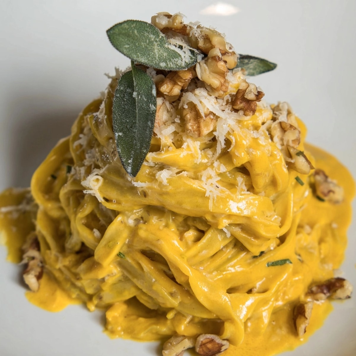 Delicious Pumpkin Pasta with Sage &amp; Walnuts recipe, glistening with parmesan, ready to serve.