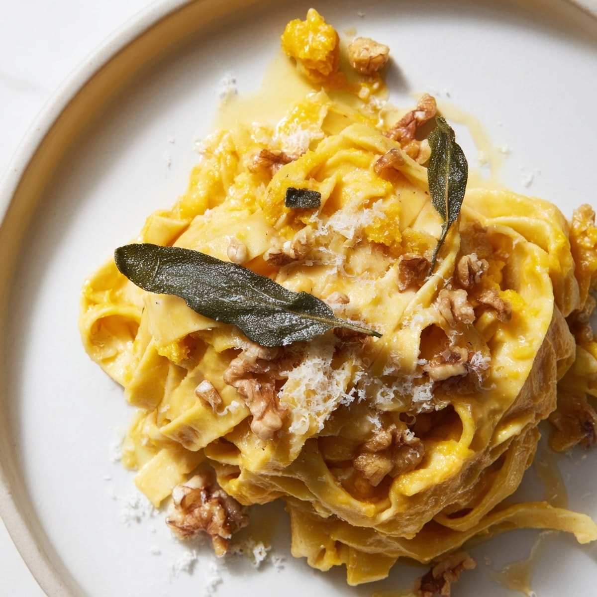 Warm, comforting Pumpkin Pasta; sage and walnut aroma fills this autumn-inspired dish.