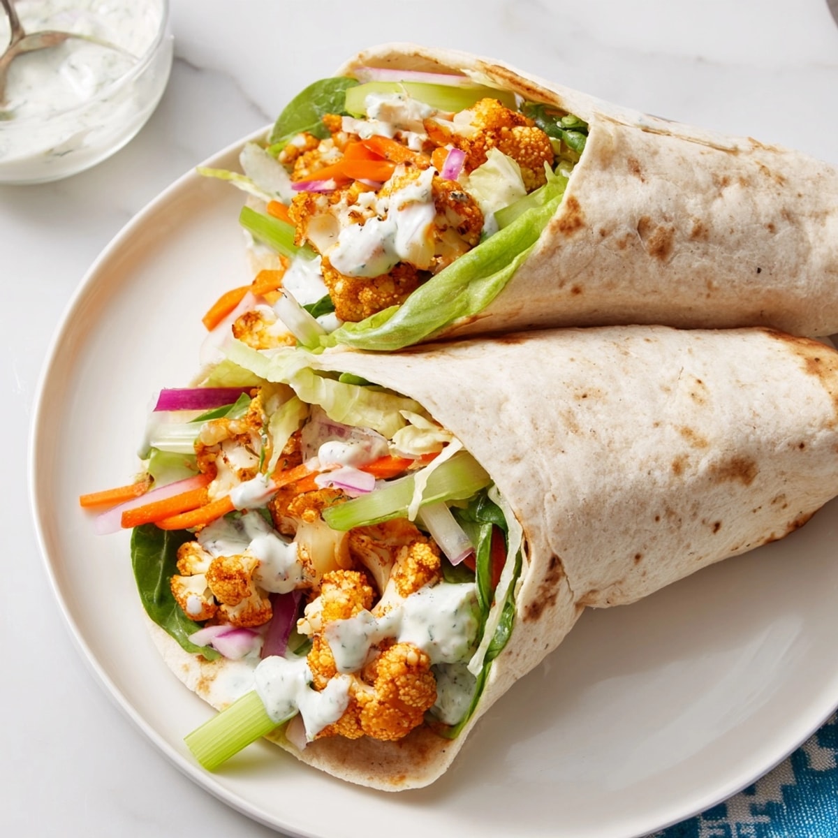 Golden, crispy Buffalo Cauliflower Wraps with fresh veggies, promising flavorful bites in every roll.