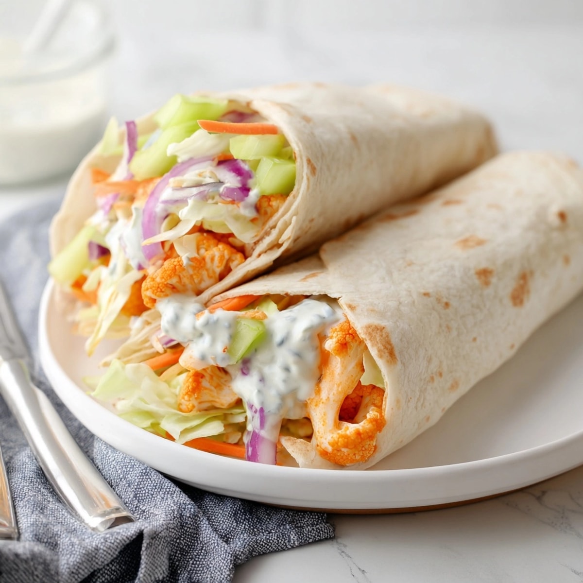 Homemade Buffalo Cauliflower Wraps recipe: Fluffy tortillas stuffed with spicy cauliflower and cool dressing.