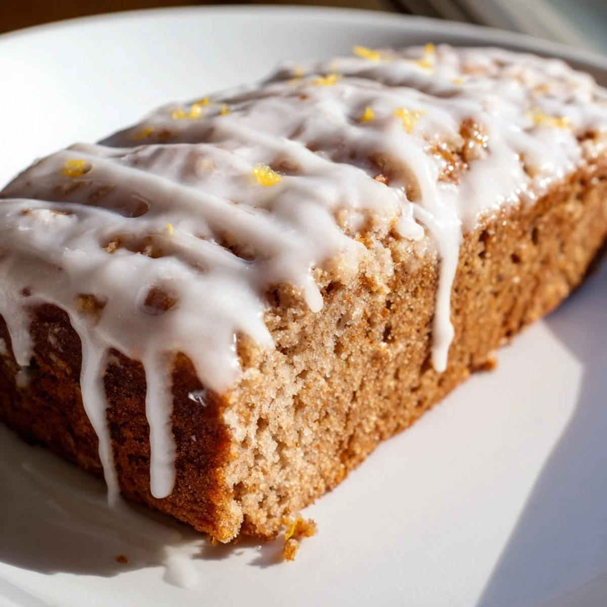Freshly baked Gingerbread Loaf Cake with lemon glaze, glistening and perfect for dessert.