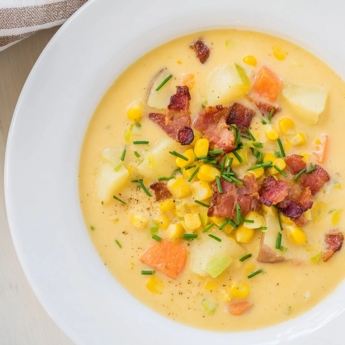 Golden creamy corn chowder, studded with potatoes, garnished with bacon, ready to savor.