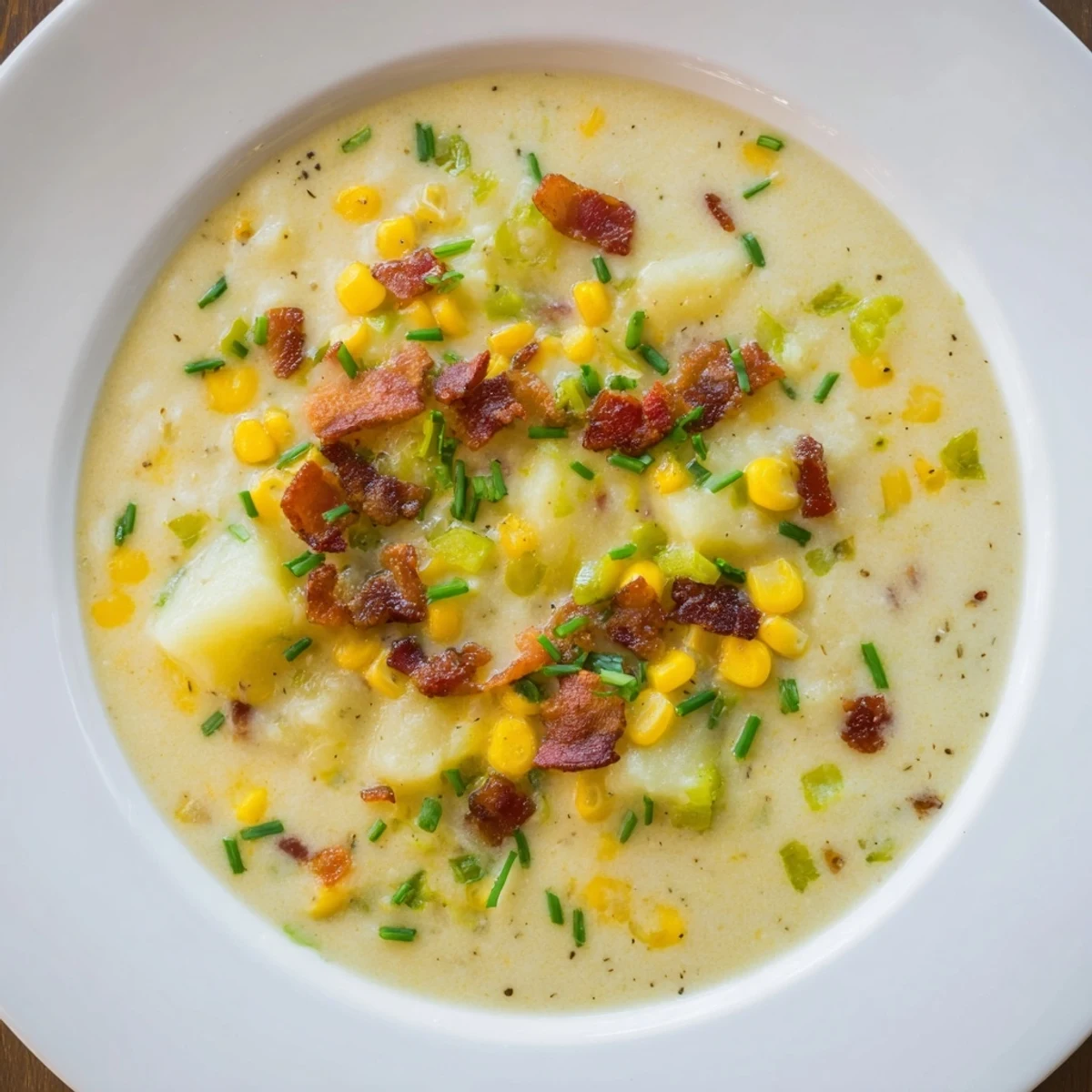 Hearty bowl of creamy corn chowder with potatoes, topped with fresh herbs, ready to serve.