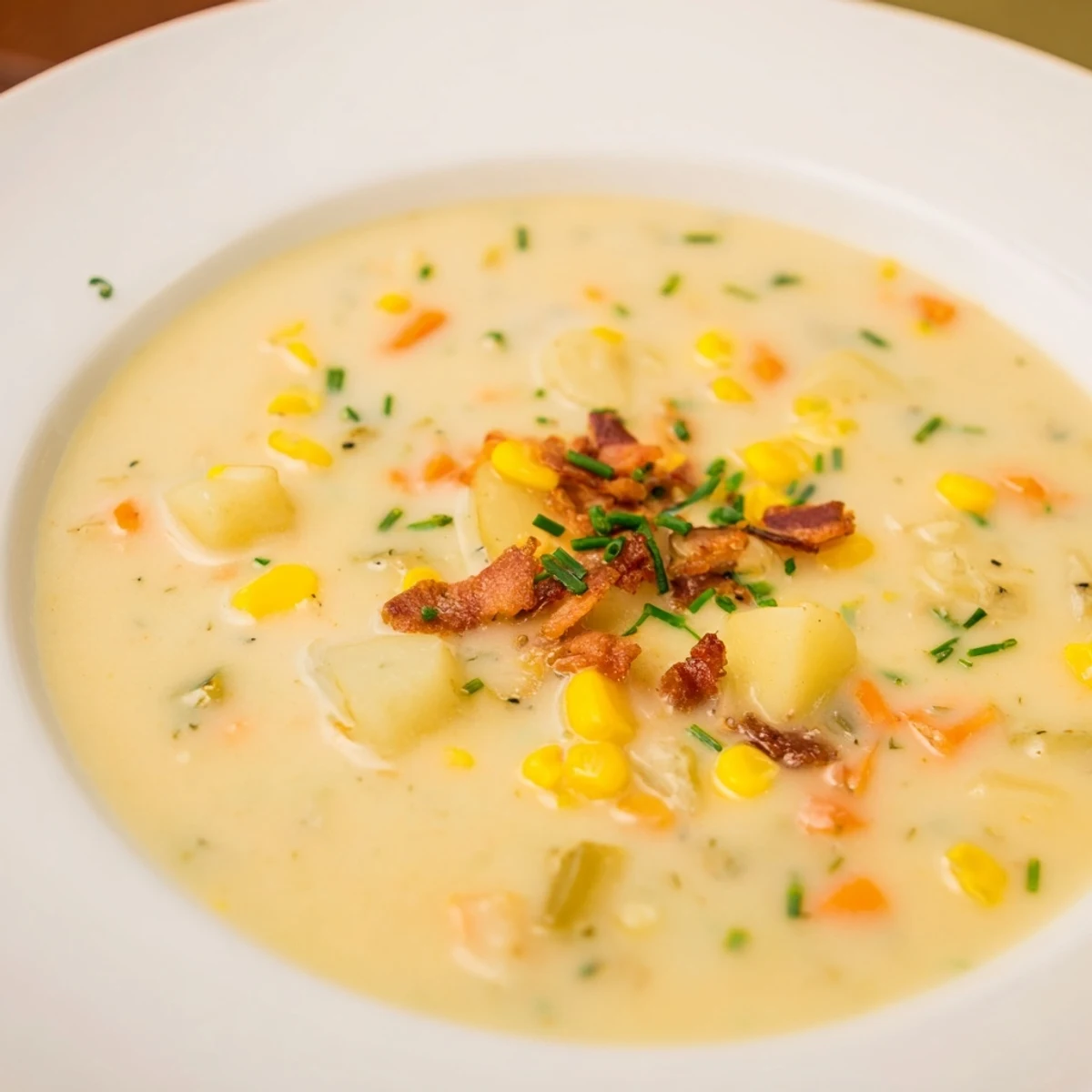 Close up view of steaming creamy corn chowder, perfect comfort food, ready to eat.