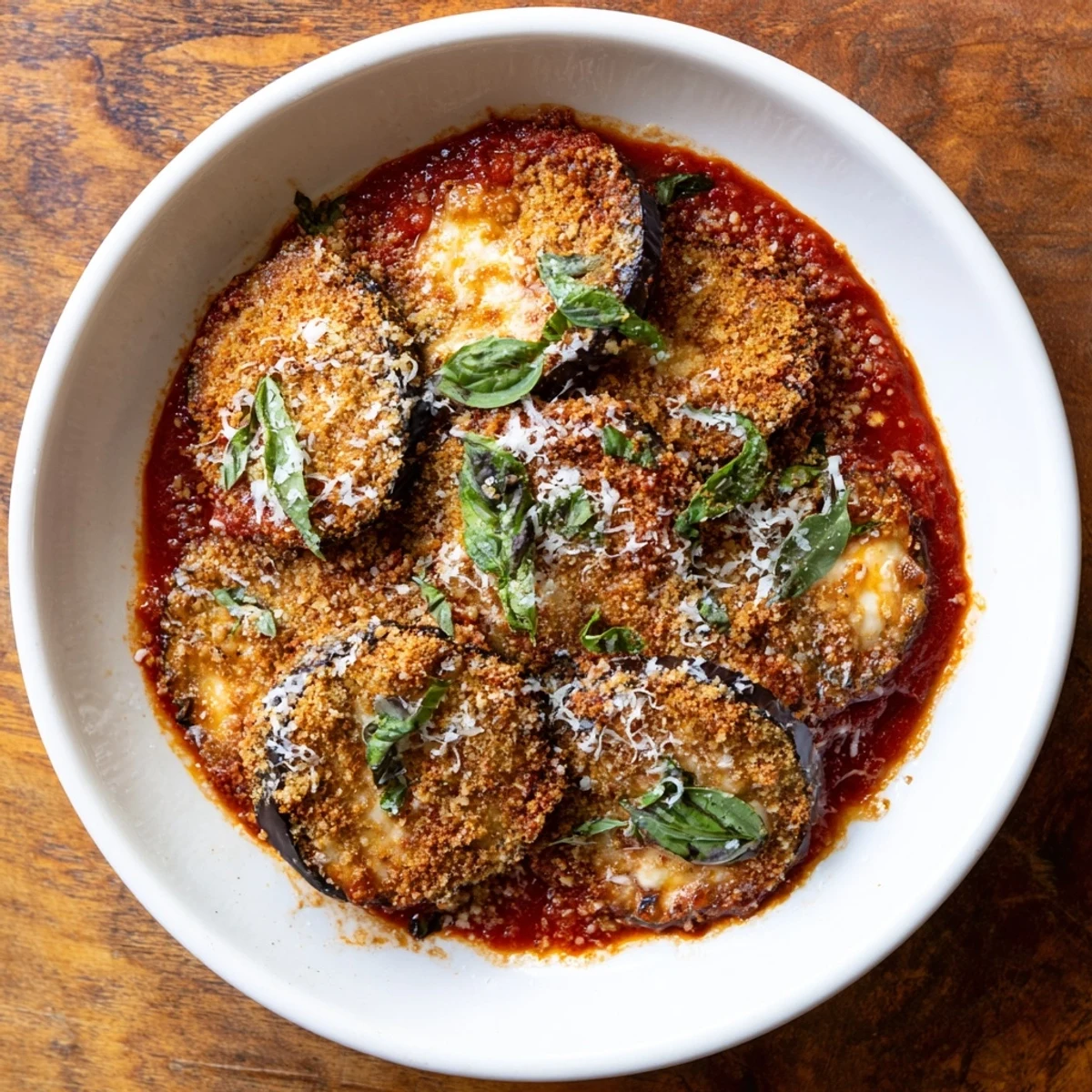 Golden, bubbly baked Eggplant Parmesan, a vegetarian delight with melted mozzarella and fresh basil.