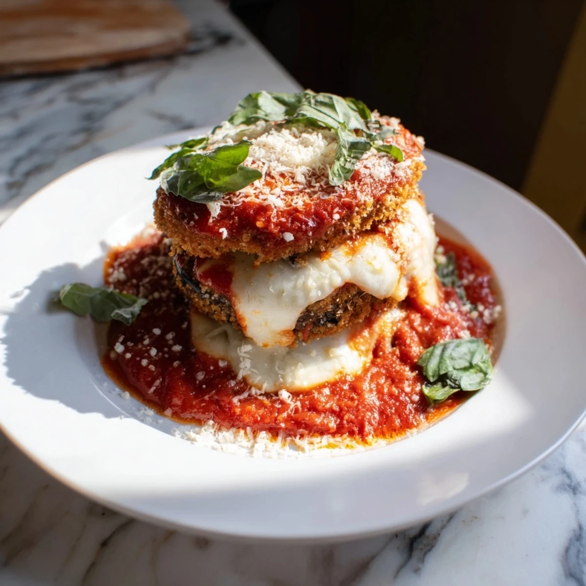 Oven-baked Eggplant Parmesan showcasing crispy eggplant layers with rich marinara and a cheesy topping.