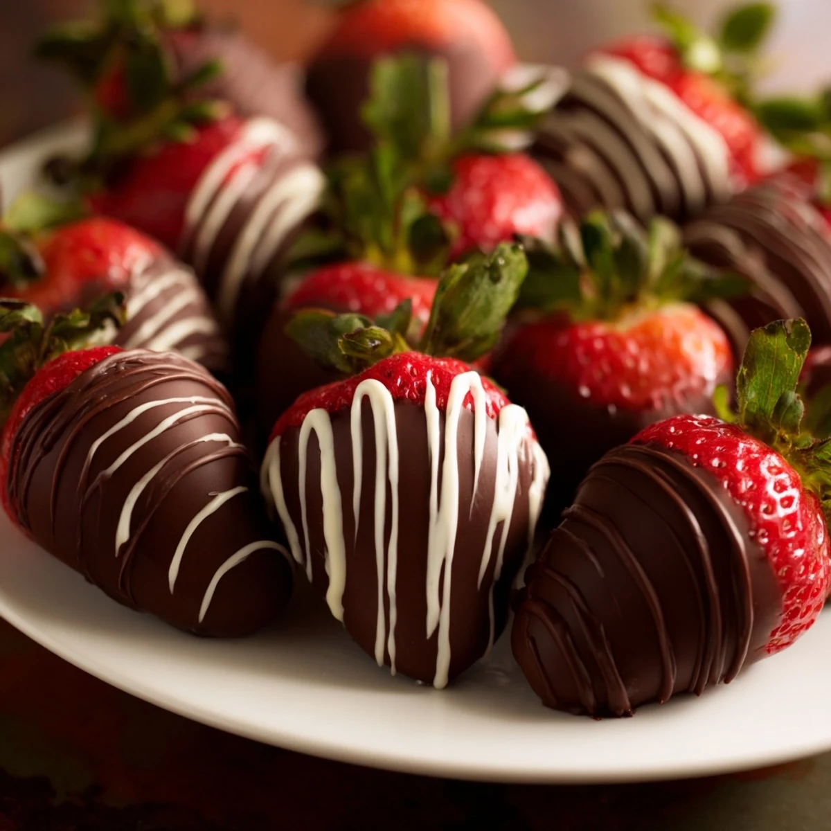 Rich, glossy chocolate covered strawberries glistening, awaiting a delicious bite for dessert.