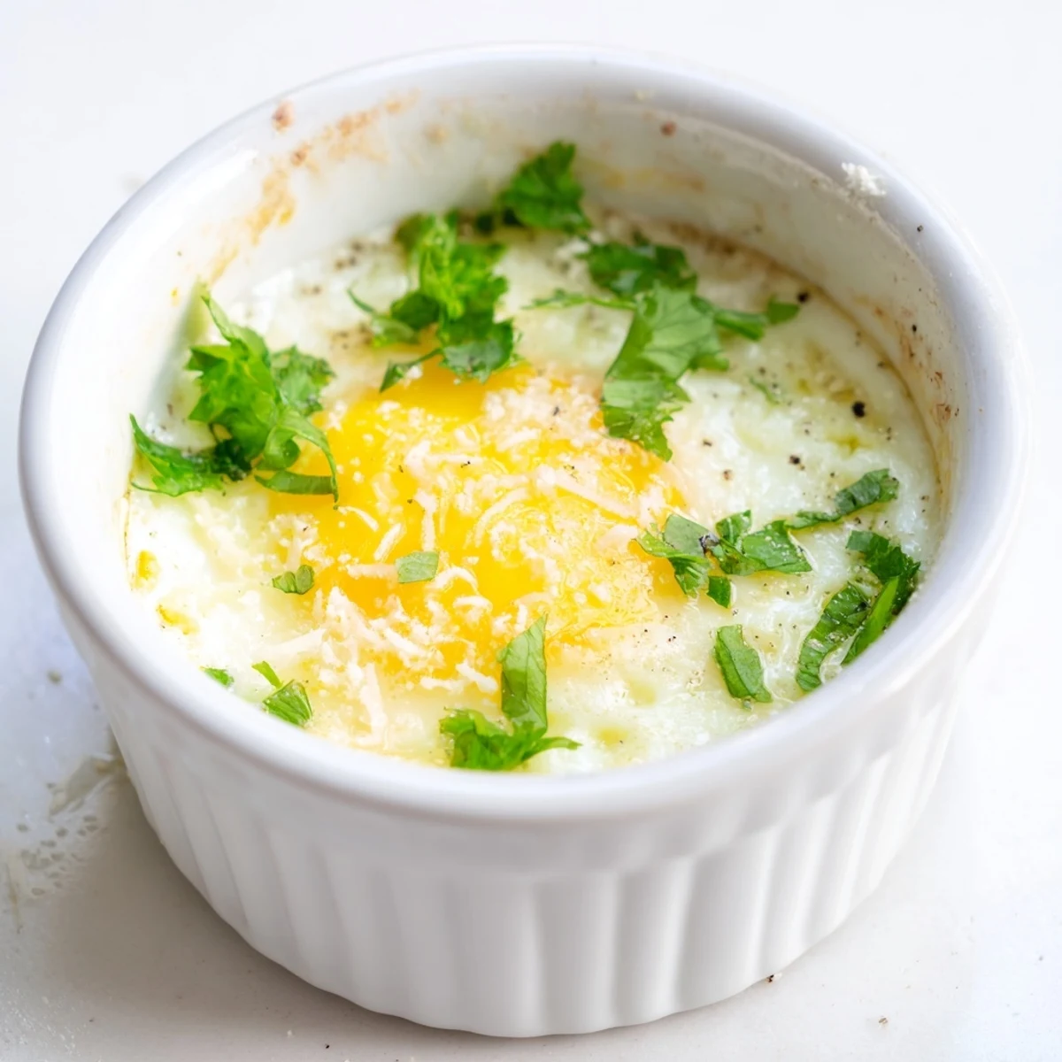 Golden-yolked Baked Egg served in a ramekin, ready for breakfast with a sprinkle of herbs.