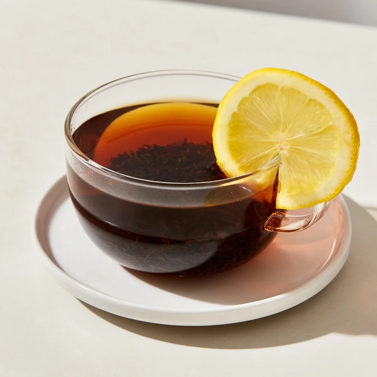 Steaming cup of lemon tea with a bright lemon slice for a refreshing, anytime beverage.