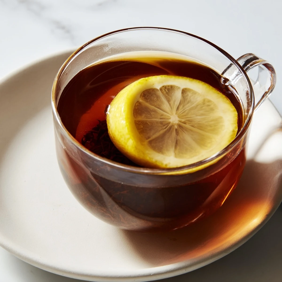 Vibrant image shows clear lemon tea with a fresh lemon garnish, ideal for a calming moment.