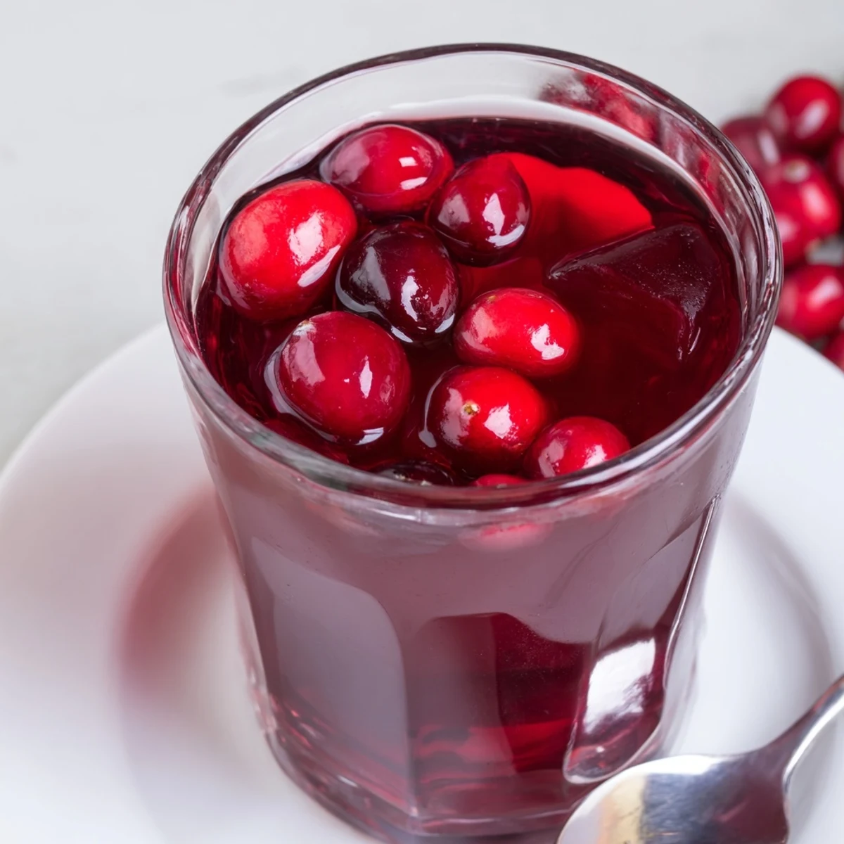 Bright red cranberry juice cocktail served in a tall glass, garnished with fresh cranberries and ice.