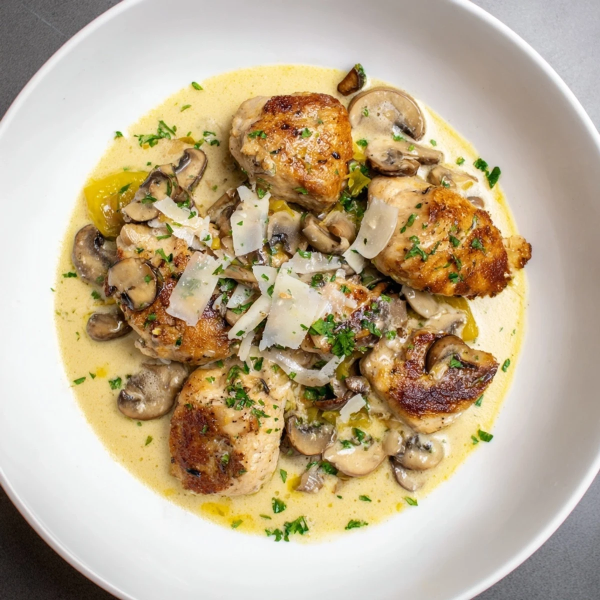 Creamy Garlic Mushroom Chicken, a comforting dish with tender chicken in a luscious, savory sauce.