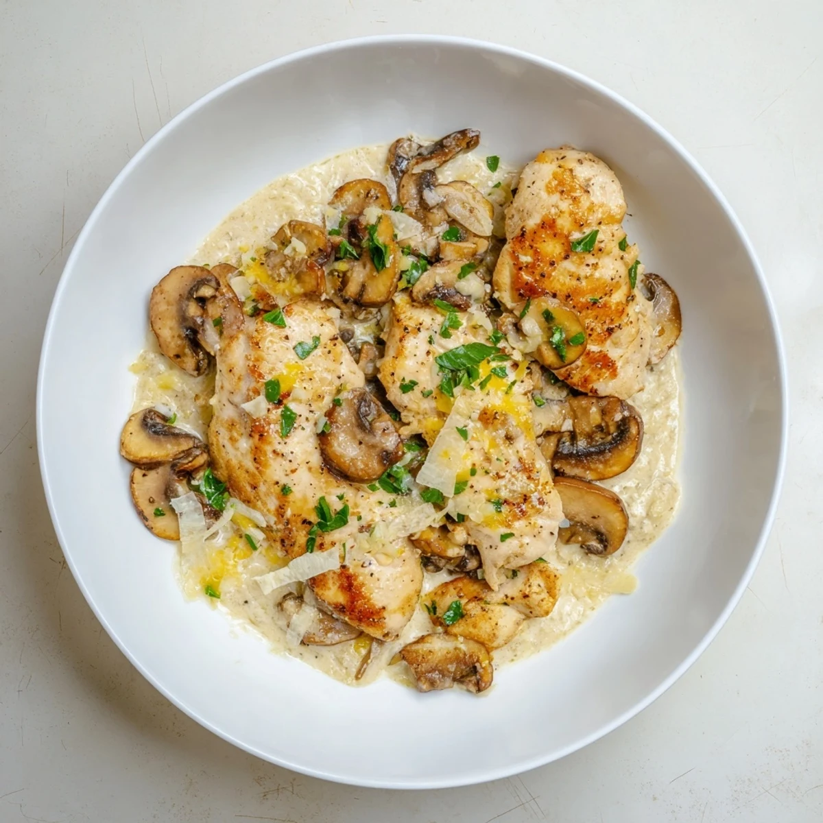 Golden chicken breasts smothered in creamy garlic mushroom sauce, ready for a delicious dinner.