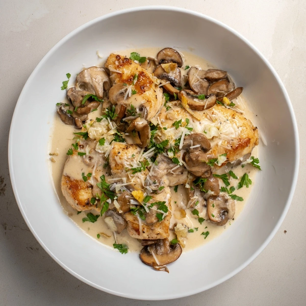 Imagine the rich aroma of Creamy Garlic Mushroom Chicken served with fresh parsley and fluffy rice.