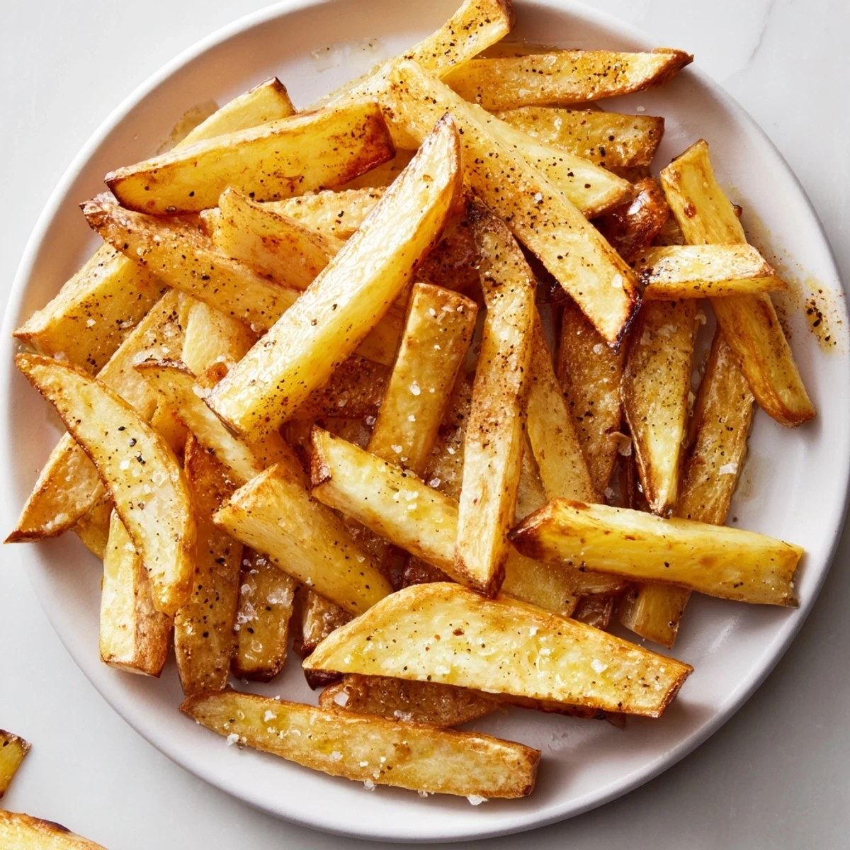 A close-up of perfectly browned crispy baked French fries, seasoned and ready to eat.