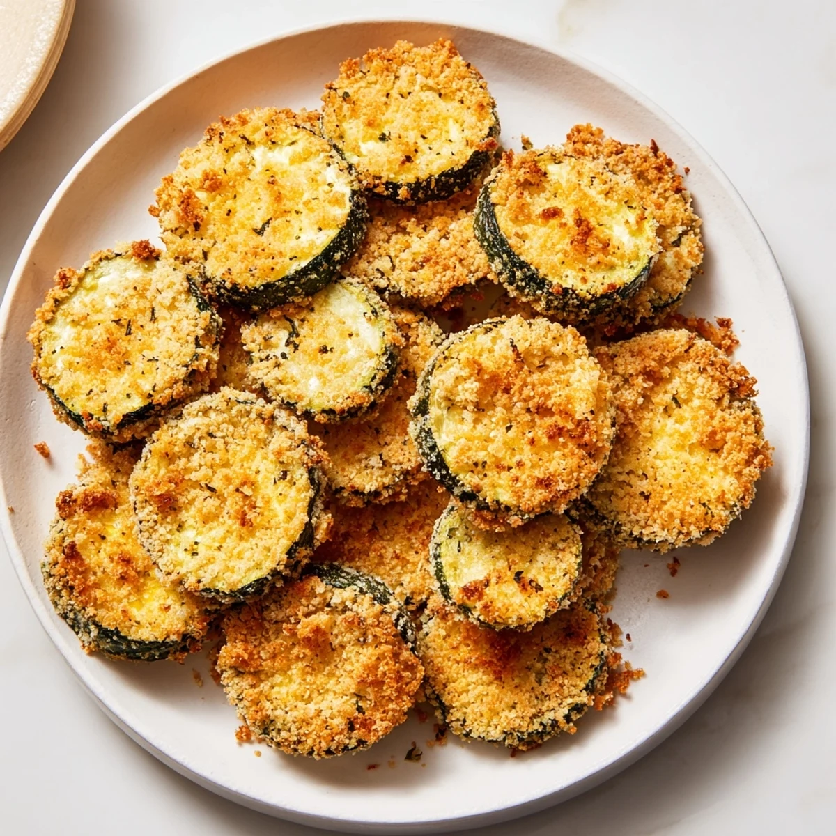 Golden brown and crispy Baked Parmesan Zucchini Chips, ready to enjoy as a delicious appetizer.