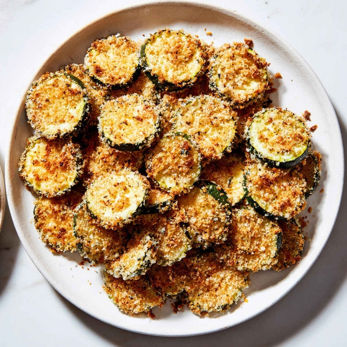 A close-up of oven-baked Baked Parmesan Zucchini Chips, showcasing the cheesy, herb-crusted texture.