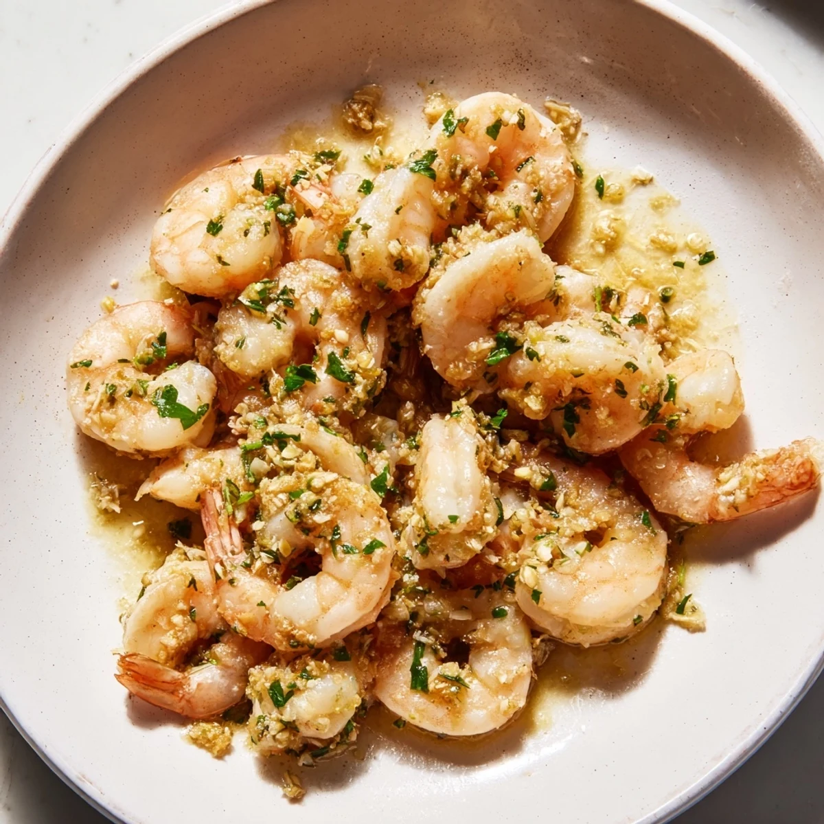 Golden garlic butter shrimp scampi, sizzling in a skillet, ready to be served over pasta.