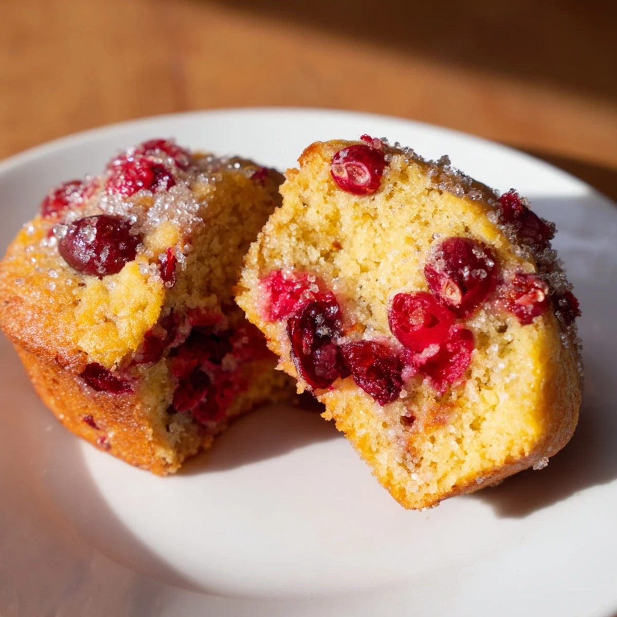 Fluffy, golden Cranberry Orange Muffin Tops with a sprinkle of glistening coarse sugar, ready to eat.