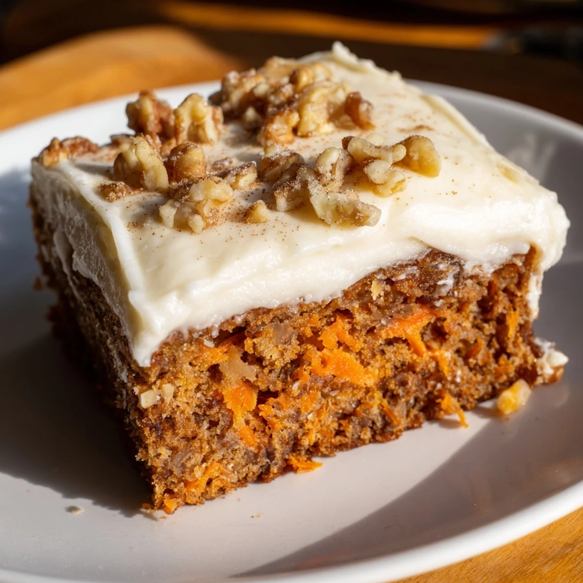 A slice of homemade Spiced Carrot Cake, offering a warm blend of spices and creamy frosting.