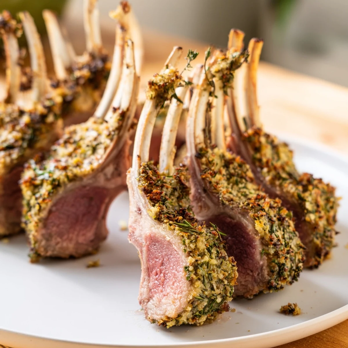 Beautifully browned herb roasted lamb racks, ready to slice, a perfect holiday centerpiece.