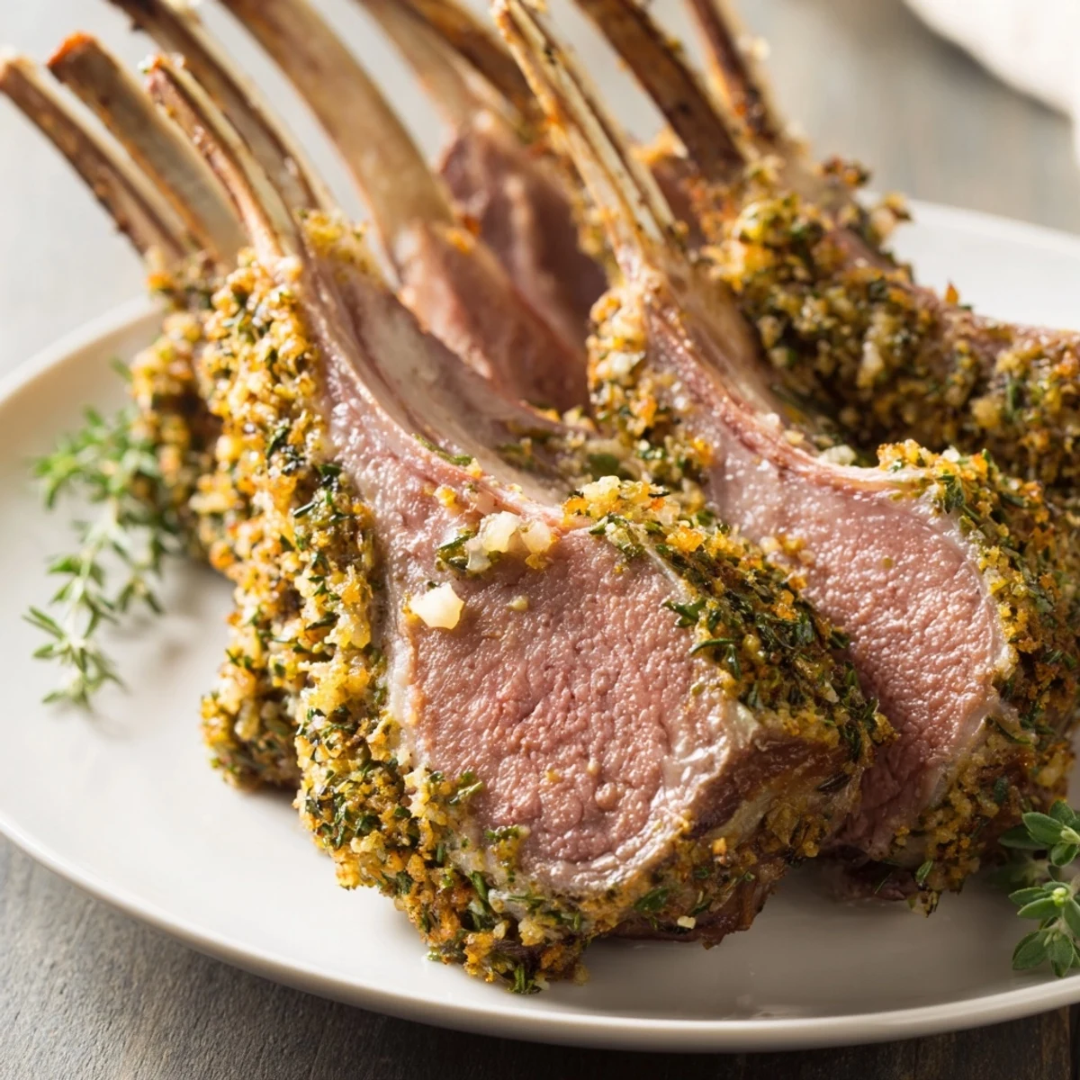 Perfectly cooked herb roasted lamb racks, showcasing a glistening herb crust with served roasted vegetables.