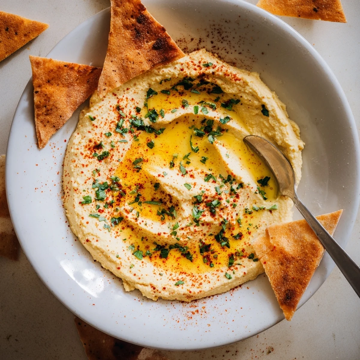 Delicious, flavorful Classic Hummus with a swirl of olive oil and paprika, alongside crispy pita chips.