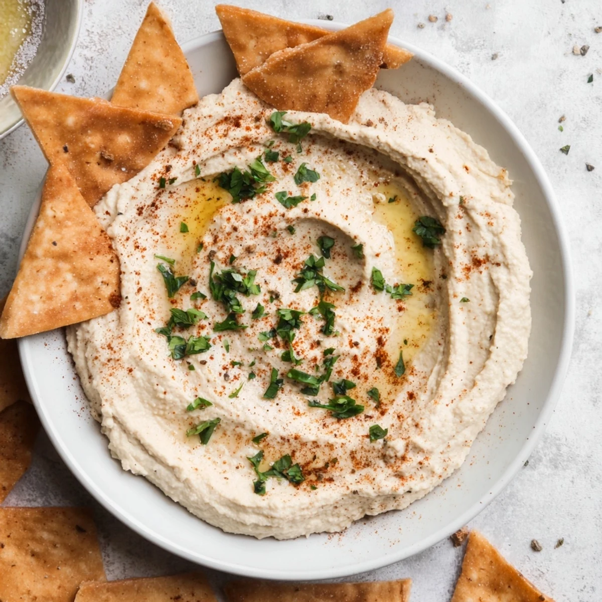 A close-up of creamy, homemade Classic Hummus with warm, golden, toasted pita bread ready to serve.