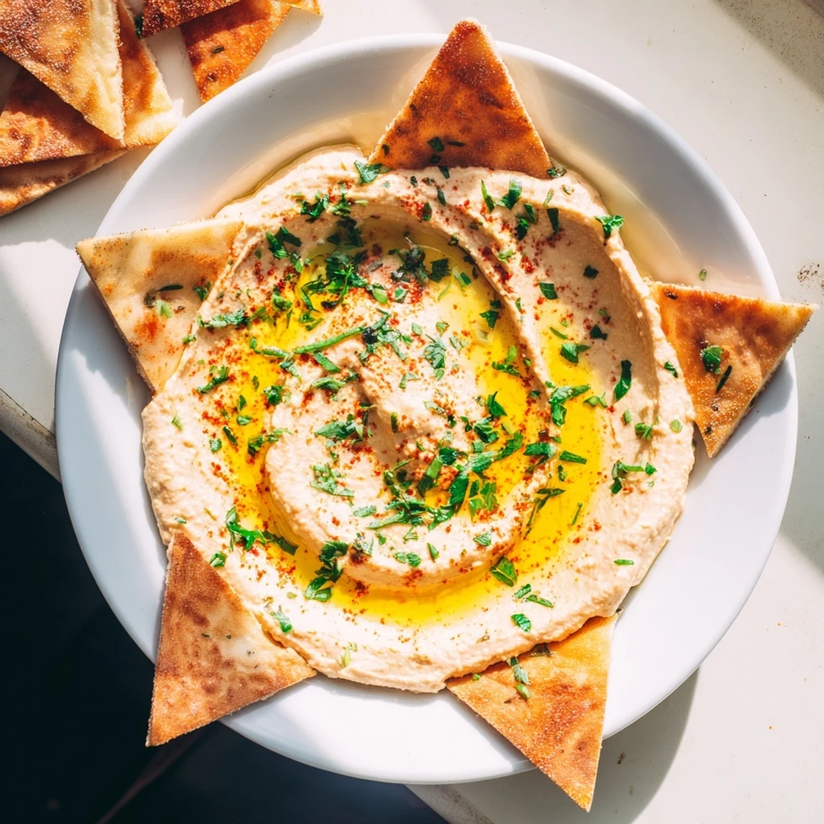 This plate of Classic Hummus features a fluffy texture, perfect for dipping toasted pita, a vegetarian appetizer.