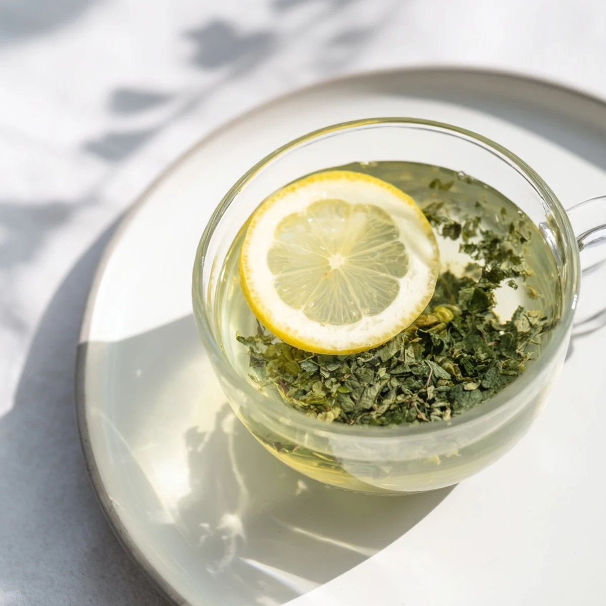 Steaming peppermint leaf tea, a comforting herbal beverage, ready to sip with a slice of lemon.