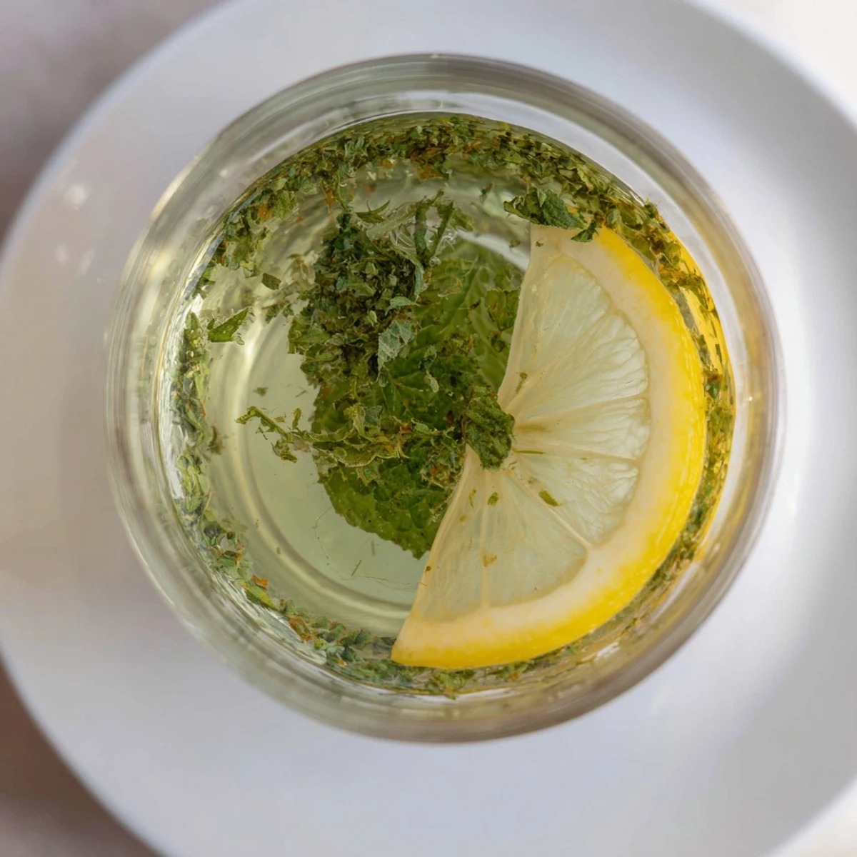 View the vibrant green peppermint leaf tea steeping in a clear glass teapot; it smells divine.