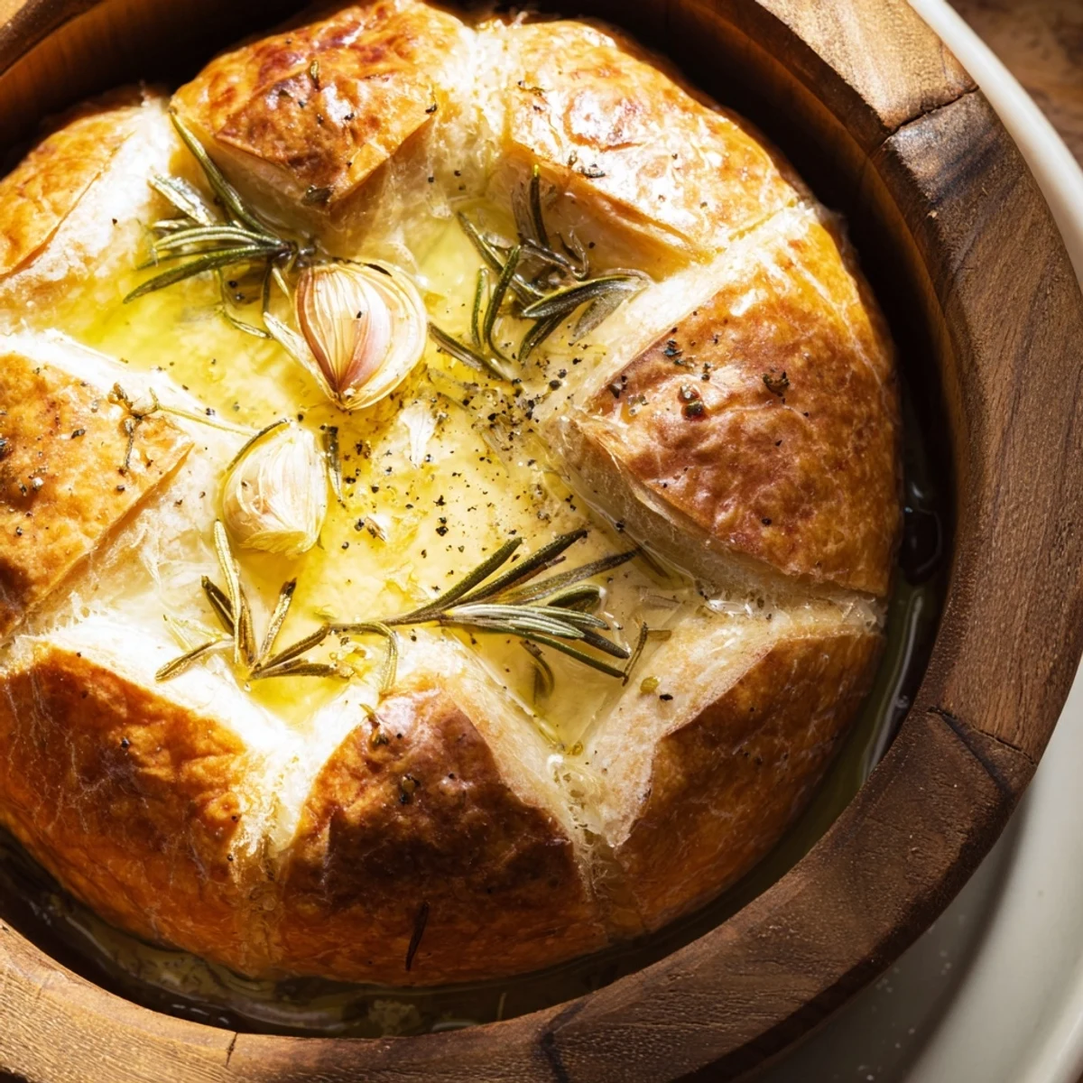 Golden, bubbly baked cheese, invitingly fragrant with rosemary and garlic, ready to be dipped.